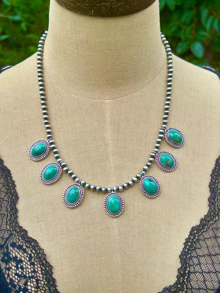 Royston Turquoise 7 Stone Necklace: Sterling Silver & Navajo Pearl Jewelry Handmade