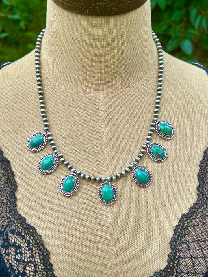 Royston Turquoise 7 Stone Necklace: Sterling Silver & Navajo Pearl Jewelry Handmade