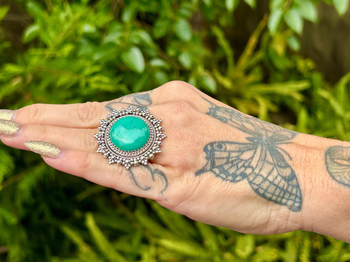 Handmade Royston Turquoise Statement Ring:  Sterling Silver Lace - Adjustable