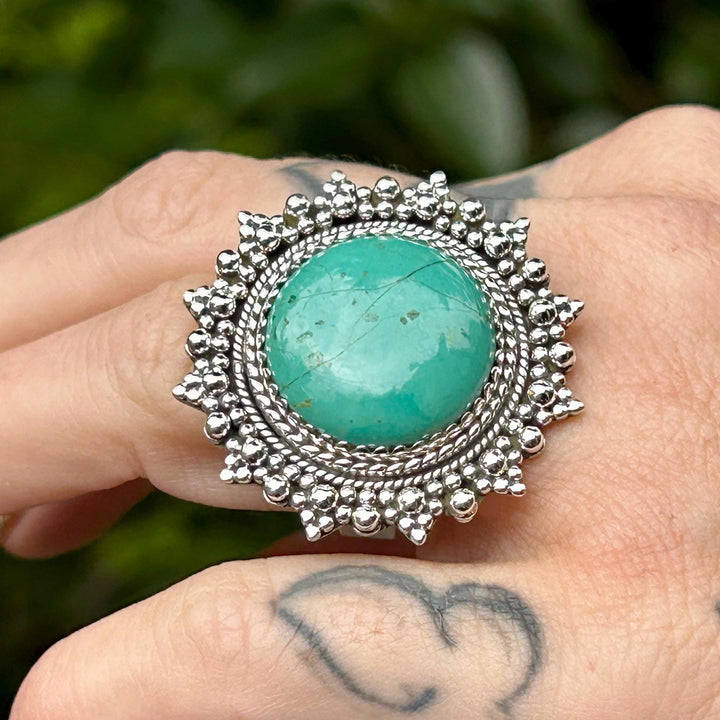 Handmade Royston Turquoise Statement Ring:  Sterling Silver Lace - Adjustable