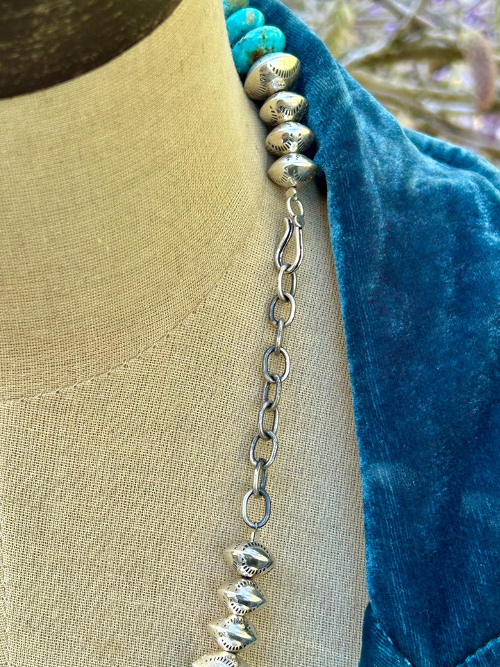 Kingman Turquoise & Sterling Silver Pearl Necklace – Southwestern Style, Handmade