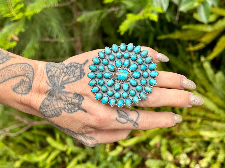 Kingman Turquoise Cluster Ring – Adjustable Southwest Jewelry, Sterling Silver Statement Ring