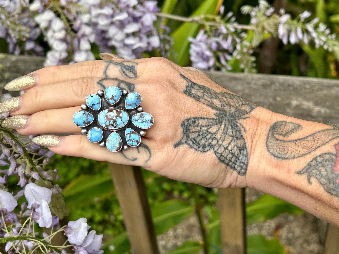 Golden Hills Turquoise Cluster Ring - Navajo Sterling Silver Adjustable
