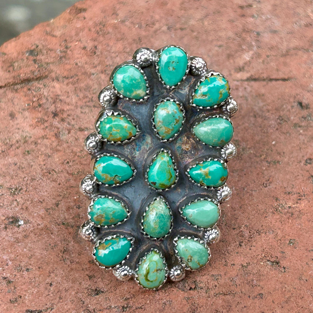 Handmade Kingman Turquoise Statement Ring Blue Green Turquoise Stones 925 Sterling Silver Southwestern Beauty Adjustable