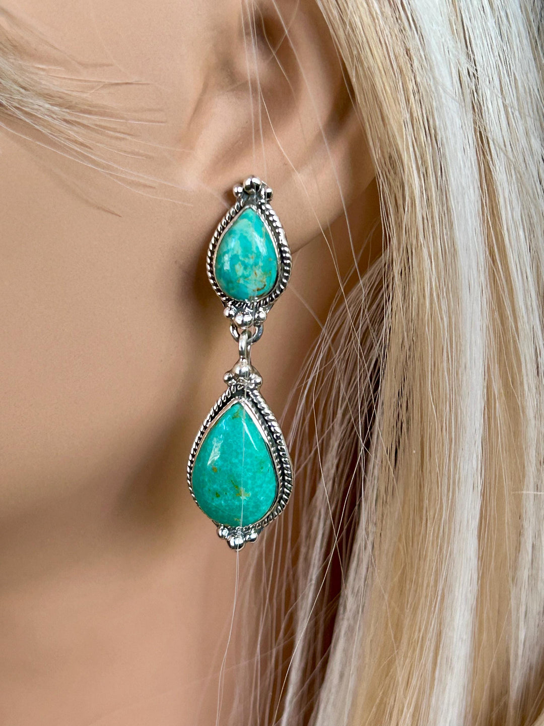 Handmade Royston Turquoise Dangle Earrings: Sterling Silver, Signed SHR