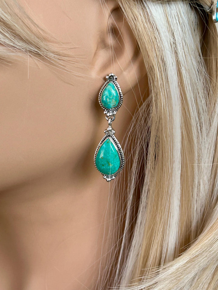 Handmade Royston Turquoise Dangle Earrings: Sterling Silver, Signed SHR