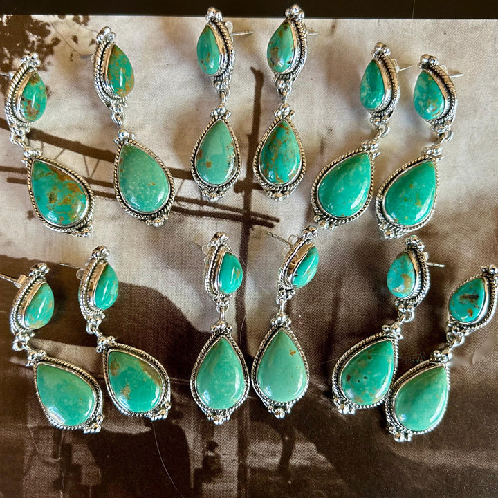 Handmade Royston Turquoise Dangle Earrings: Sterling Silver, Signed SHR