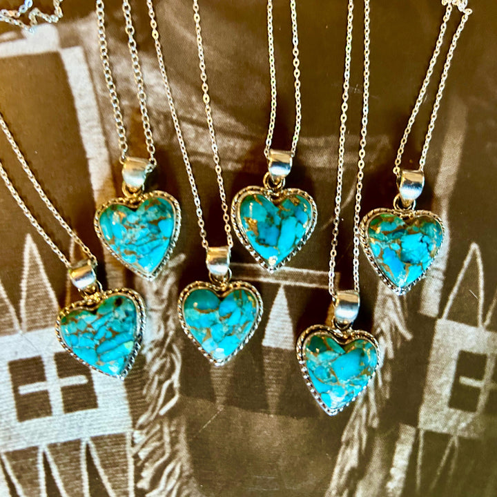 Turquoise Heart Pendant Necklace: Sterling Silver, Copper Southwestern Jewelry