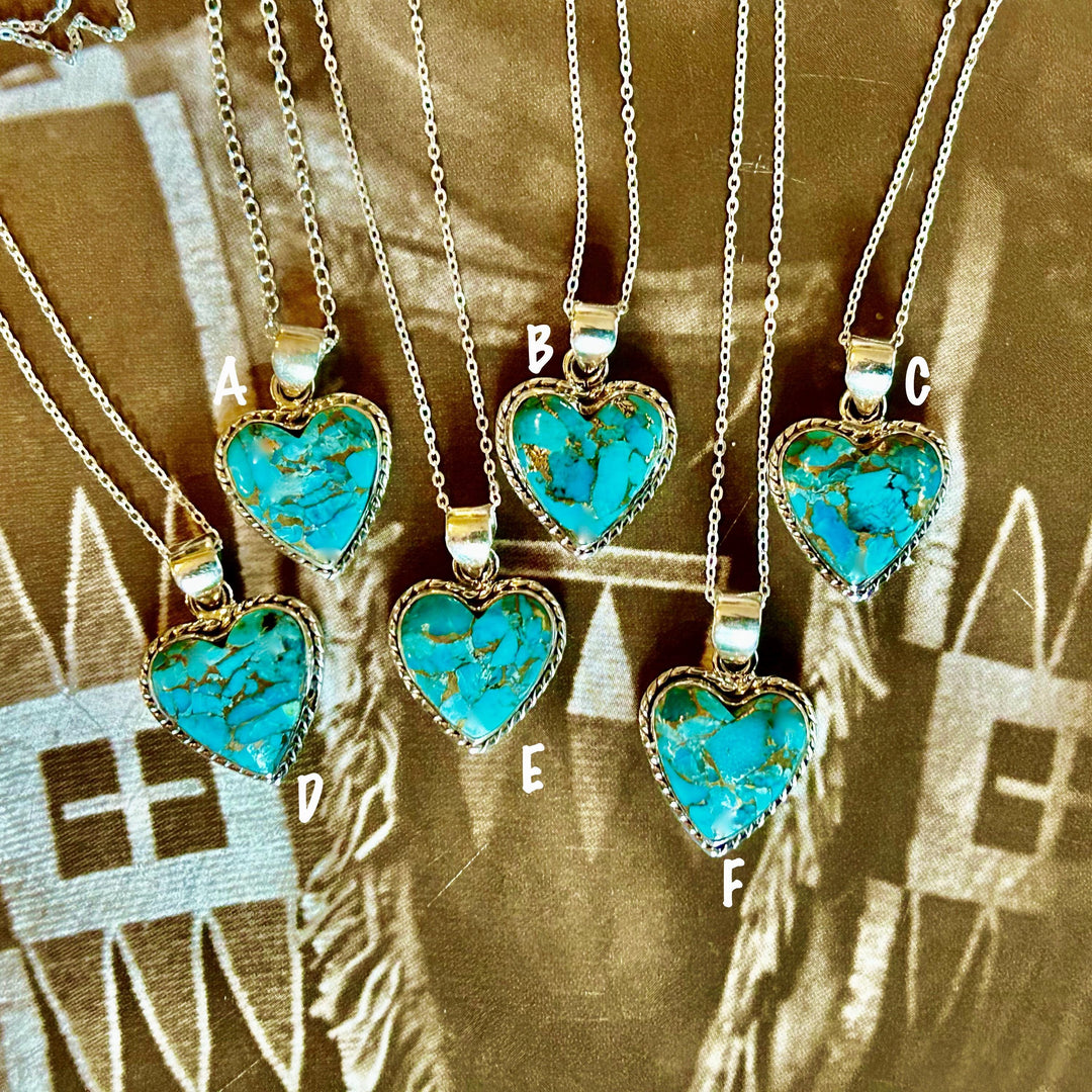 Turquoise Heart Pendant Necklace: Sterling Silver, Copper Southwestern Jewelry