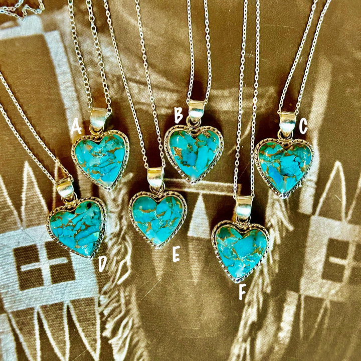Turquoise Heart Pendant Necklace: Sterling Silver, Copper Southwestern Jewelry