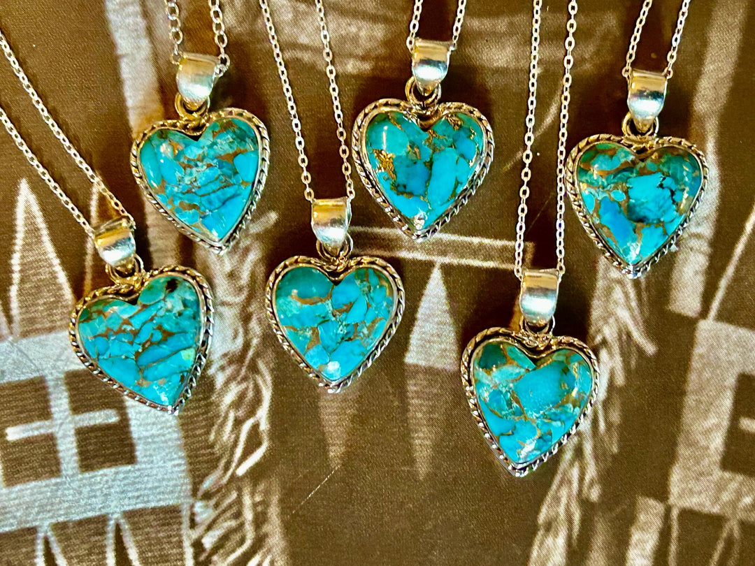 Turquoise Heart Pendant Necklace: Sterling Silver, Copper Southwestern Jewelry