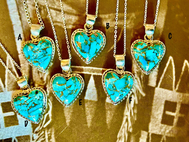 Turquoise Heart Pendant Necklace: Sterling Silver, Copper Southwestern Jewelry
