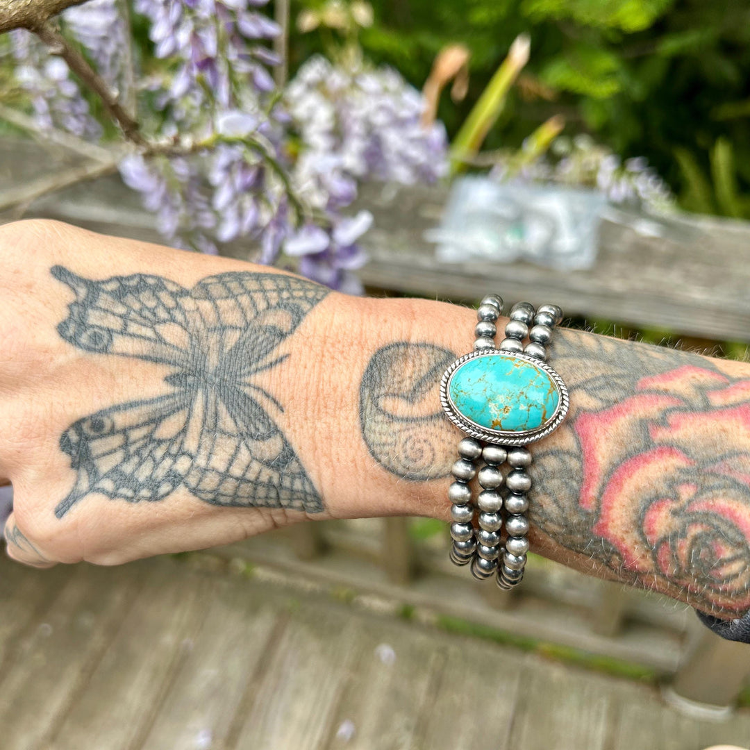 Handmade Turquoise Navajo Pearl Silver Bracelet, Kingman Turquoise Beaded Bracelet, Sterling Silver Pearls, Southwestern Turquoise Bracelet