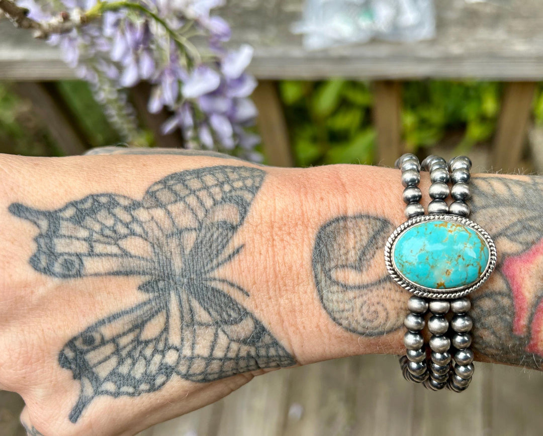 Kingman Turquoise Bracelet: Sterling Silver, Navajo Pearls, Gemstone Jewelry