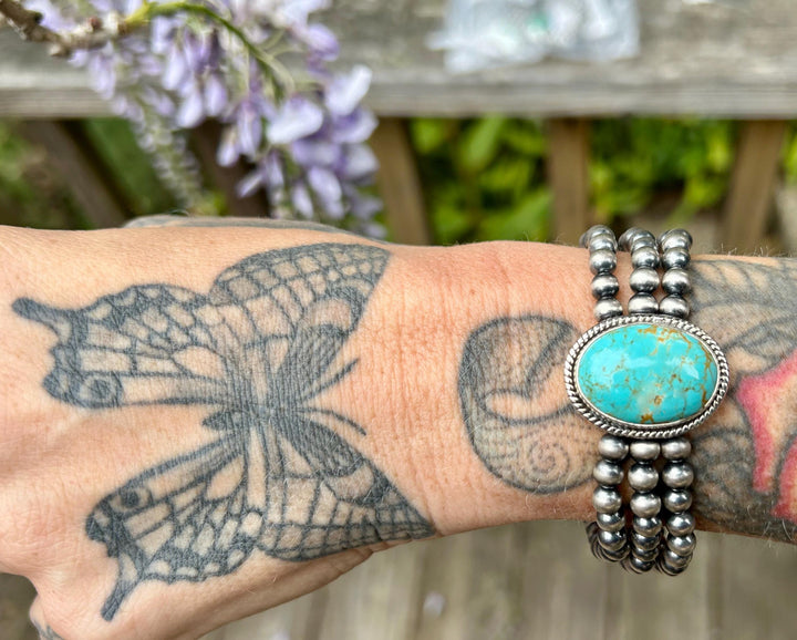 Kingman Turquoise Bracelet: Sterling Silver, Navajo Pearls, Gemstone Jewelry