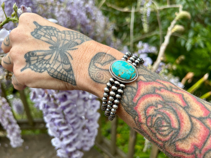 Kingman Turquoise Bracelet: Sterling Silver, Navajo Pearls, Gemstone Jewelry