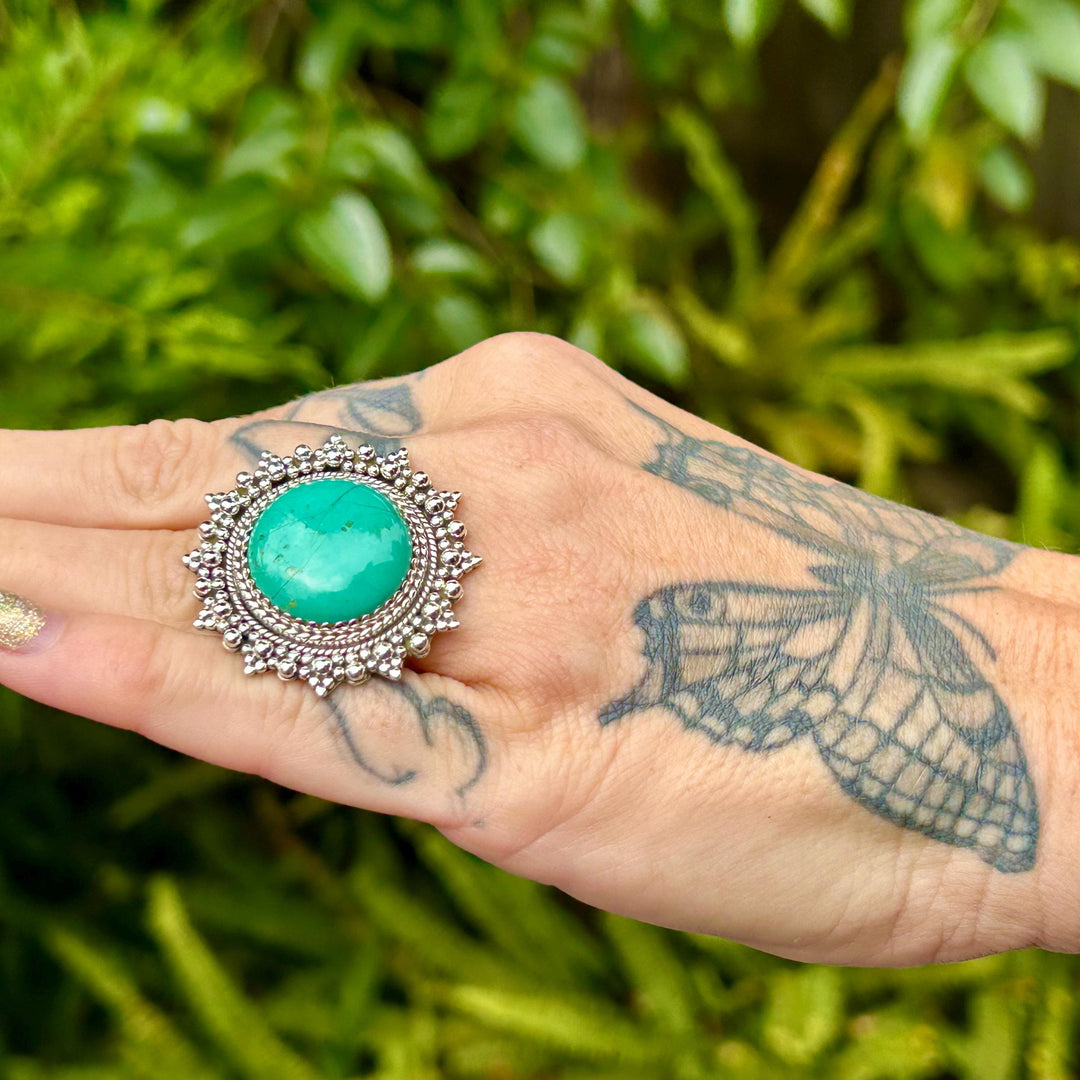 Handmade Royston Turquoise Statement Ring:  Sterling Silver Lace - Adjustable