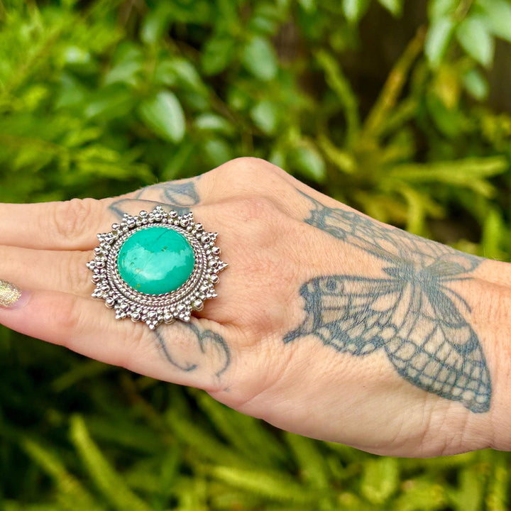 Handmade Royston Turquoise Statement Ring:  Sterling Silver Lace - Adjustable