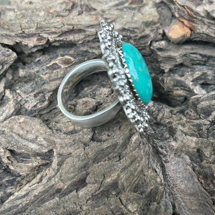 Handmade Royston Turquoise Statement Ring:  Sterling Silver Lace - Adjustable