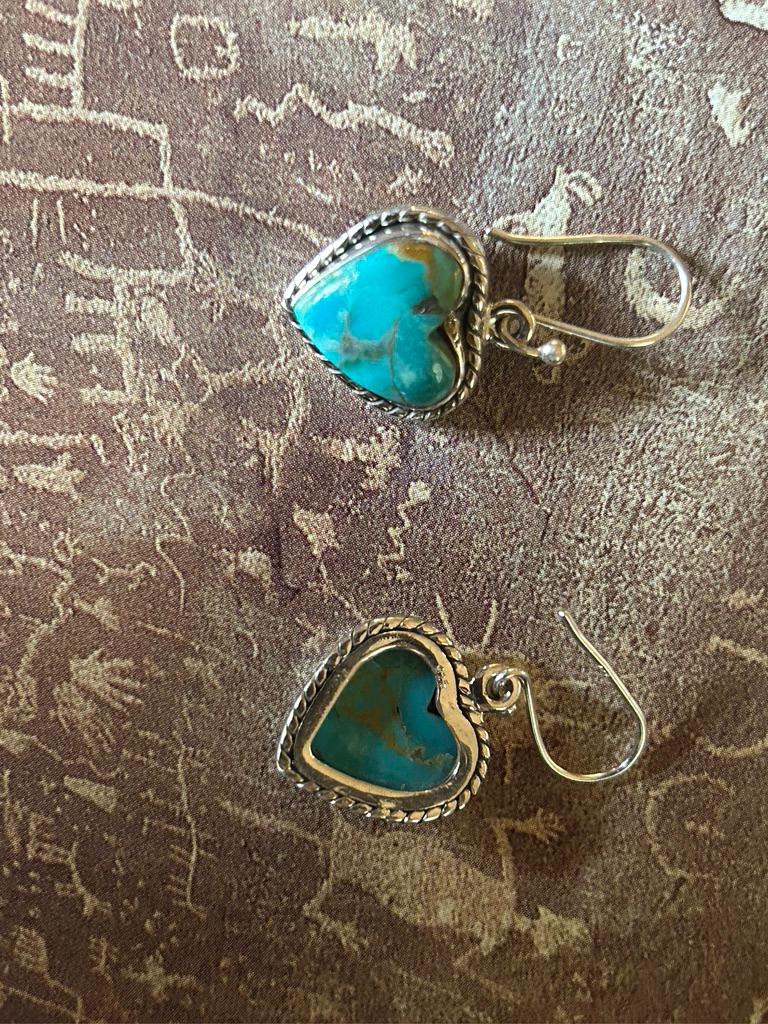 Kingman Turquoise Heart Earrings - Sterling Silver, Handmade