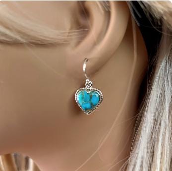 Kingman Turquoise Heart Earrings - Sterling Silver, Handmade