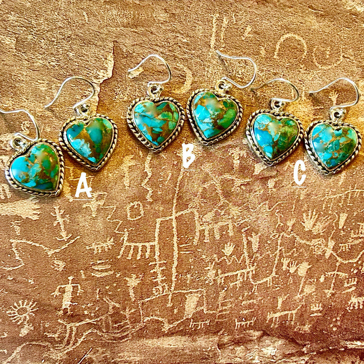 Kingman Turquoise Heart Earrings - Sterling Silver, Handmade