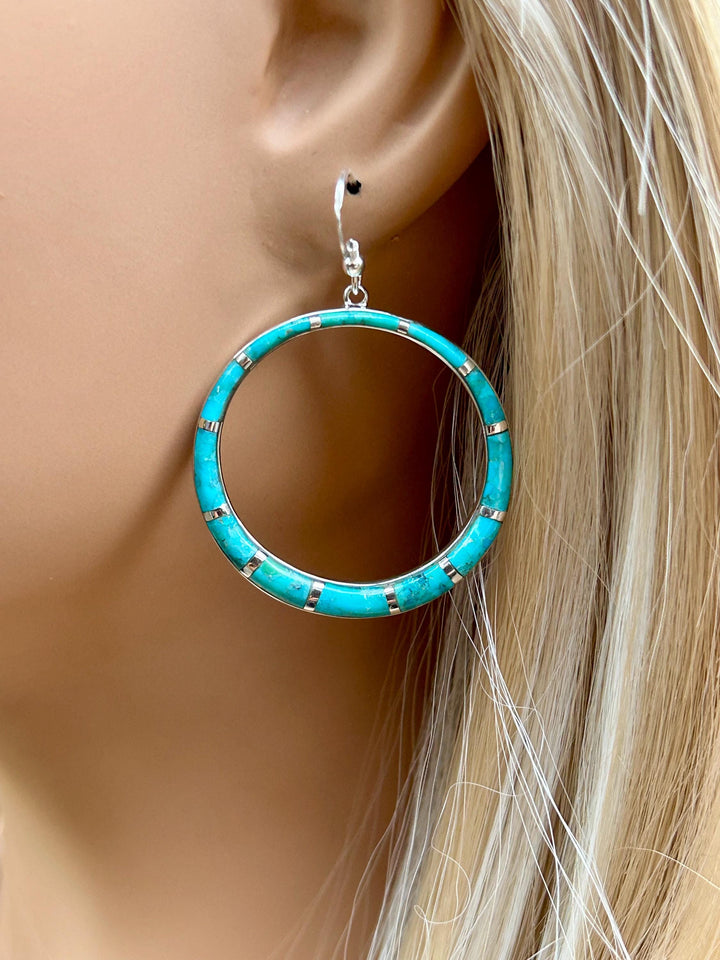 Turquoise Hoop Earrings 1.5"- Sterling Silver - Turquoise Earrings