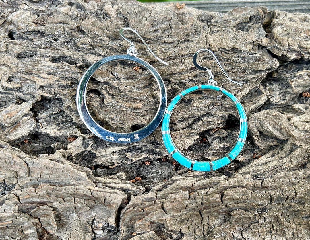 Turquoise Hoop Earrings 1.5"- Sterling Silver - Turquoise Earrings