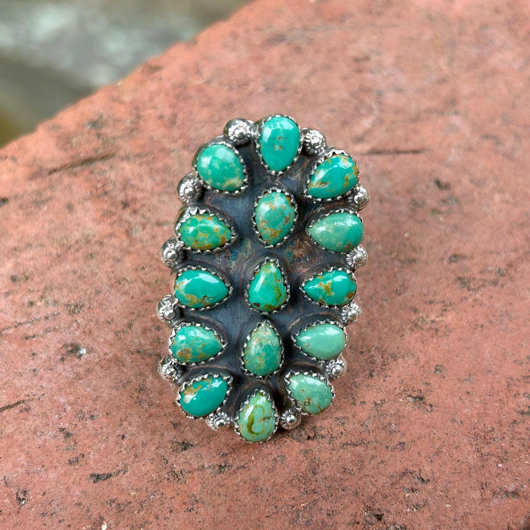 Handmade Kingman Turquoise Statement Ring Blue Green Turquoise Stones 925 Sterling Silver Southwestern Beauty Adjustable