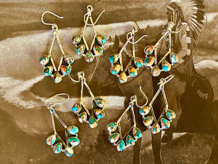 Turquoise & Spiny Oyster Sterling Silver Dangle Earrings: Southwestern Style