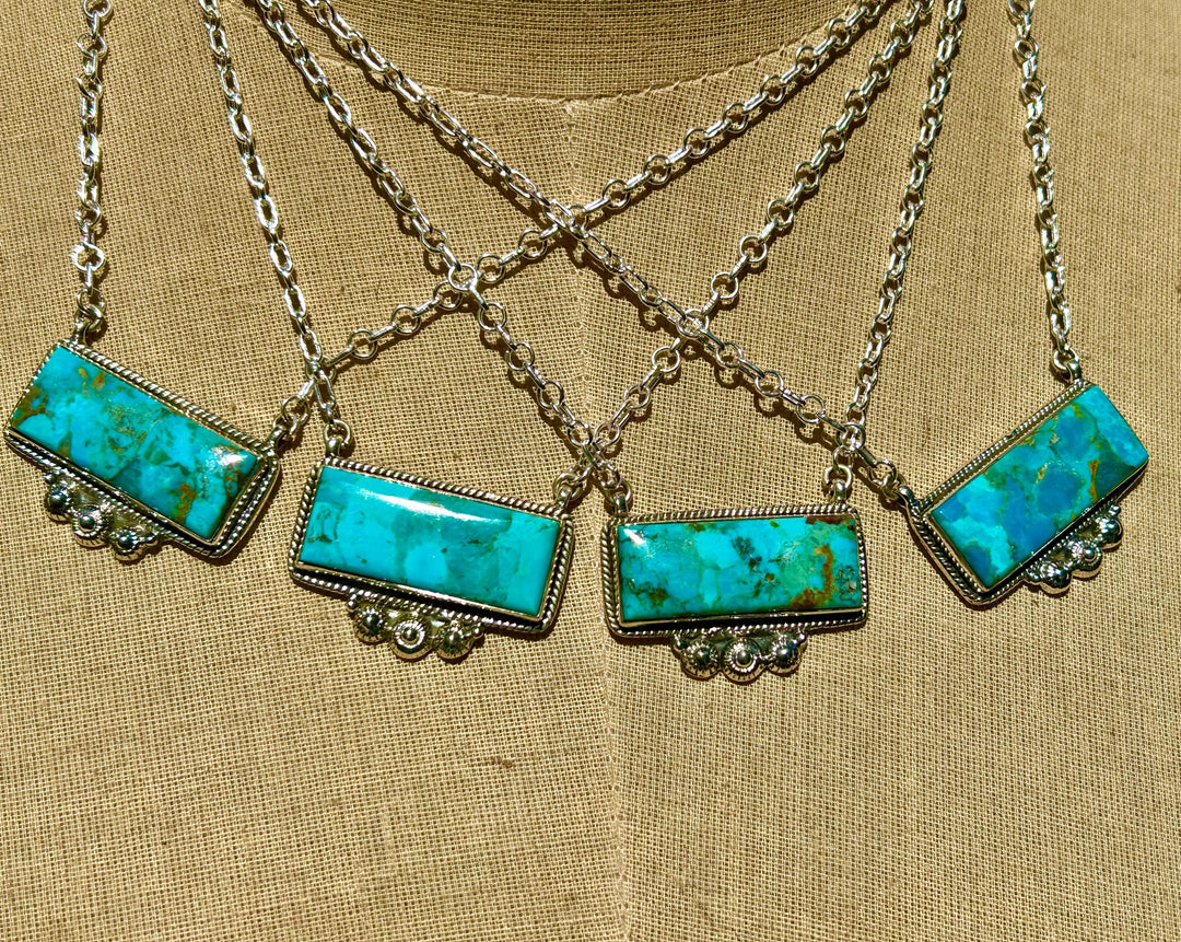 Turquoise Silver Bar Necklace - Western Style