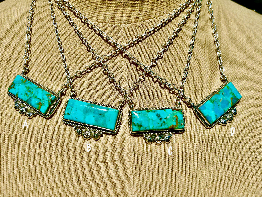 Turquoise Silver Bar Necklace - Western Style