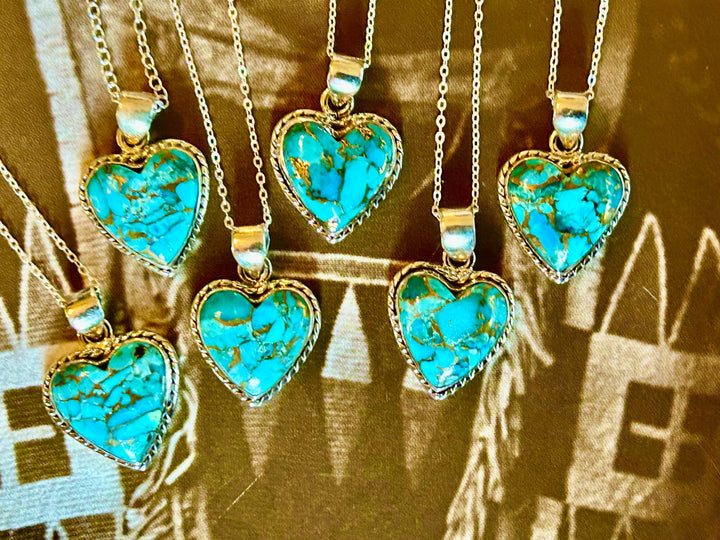 Turquoise Heart Pendant Necklace: Sterling Silver, Copper Southwestern Jewelry