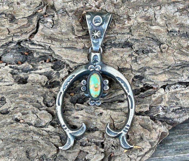 Royston Turquoise Dean Sandoval Naja Pendant:  Sterling Silver Navajo Vintage Jewelry