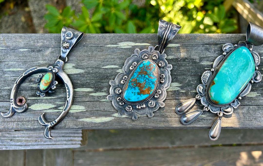 Royston Turquoise Dean Sandoval Naja Pendant:  Sterling Silver Navajo Vintage Jewelry