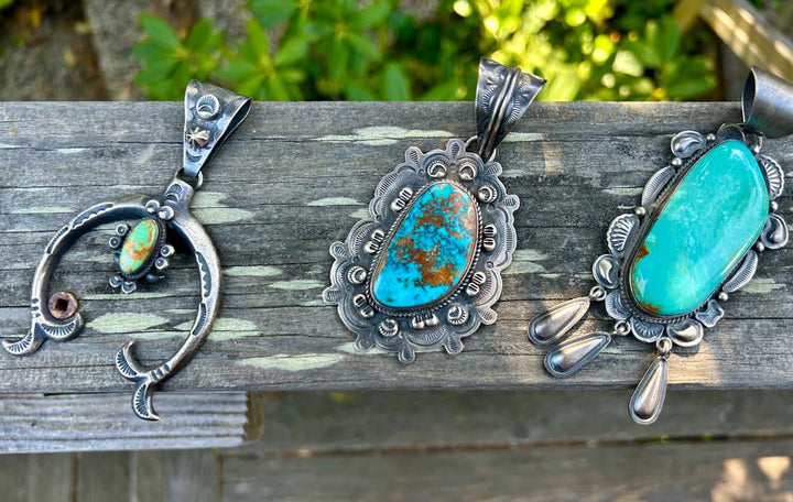 Royston Turquoise Dean Sandoval Naja Pendant:  Sterling Silver Navajo Vintage Jewelry