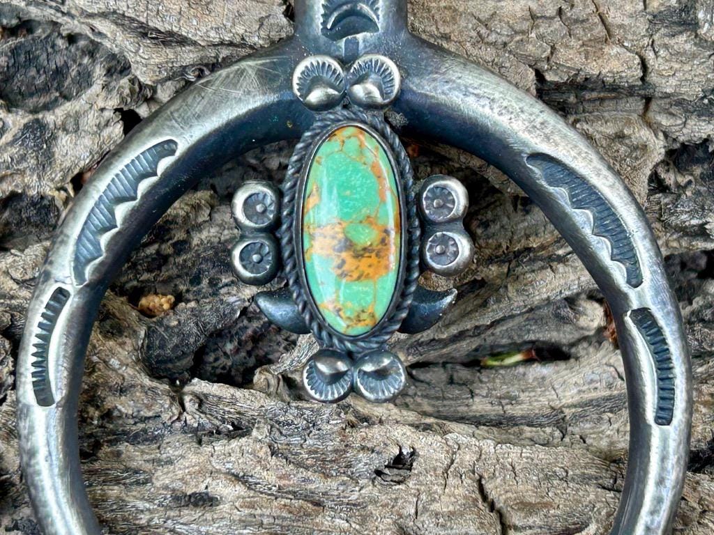 Royston Turquoise Dean Sandoval Naja Pendant:  Sterling Silver Navajo Vintage Jewelry