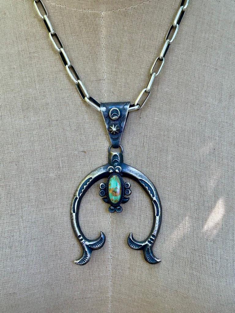 Royston Turquoise Dean Sandoval Naja Pendant:  Sterling Silver Navajo Vintage Jewelry