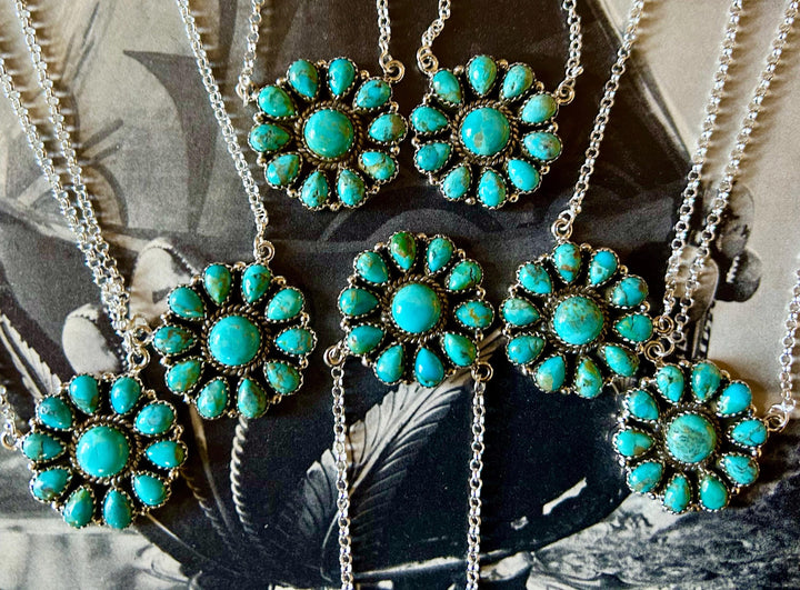 Kingman Turquoise Cluster Necklace: Sterling Silver, Southwestern Flower Pendant