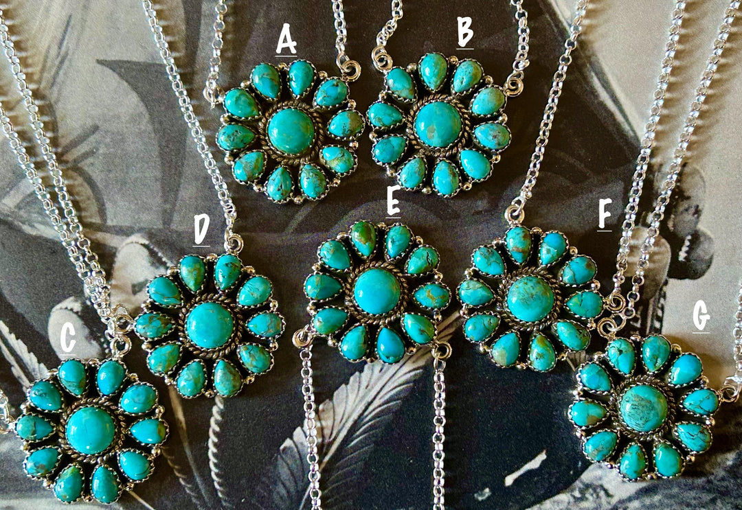 Kingman Turquoise Cluster Necklace: Sterling Silver, Southwestern Flower Pendant