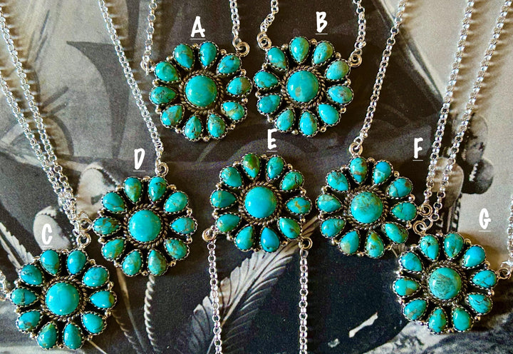 Kingman Turquoise Cluster Necklace: Sterling Silver, Southwestern Flower Pendant