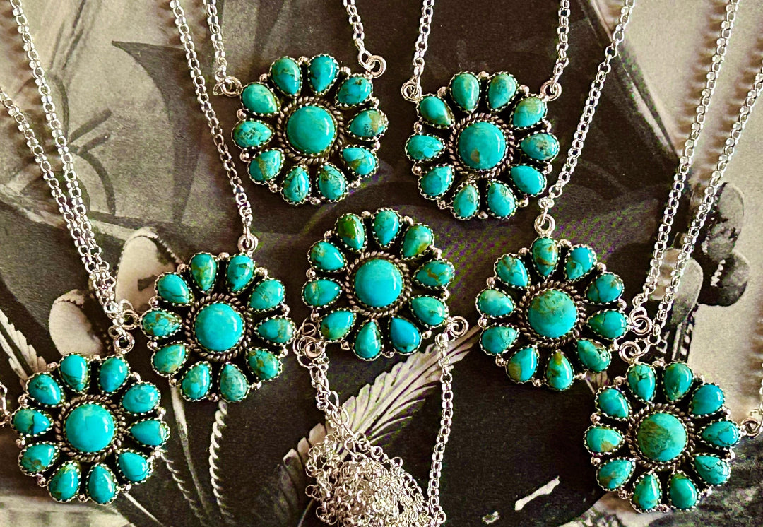 Kingman Turquoise Cluster Necklace: Sterling Silver, Southwestern Flower Pendant
