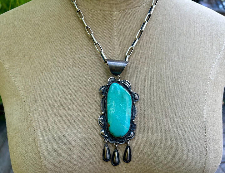 Navajo Blue Mountain Turquoise Pendant -  Sterling Silver, Vintage