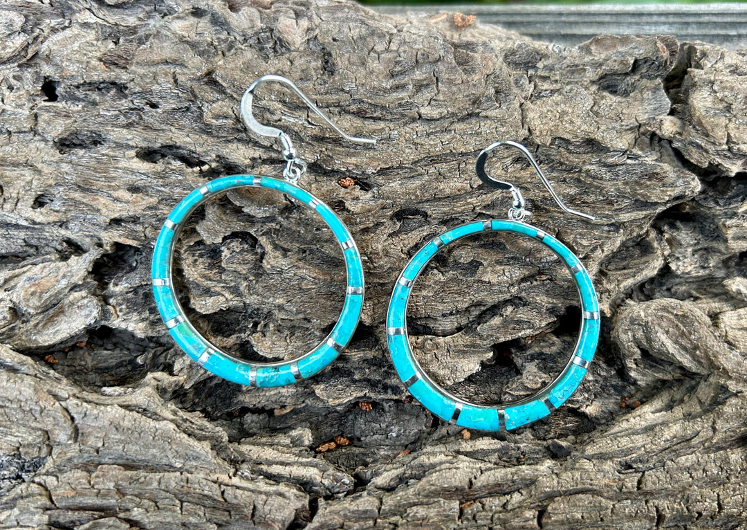 Turquoise Hoop Earrings 1.5"- Sterling Silver - Turquoise Earrings