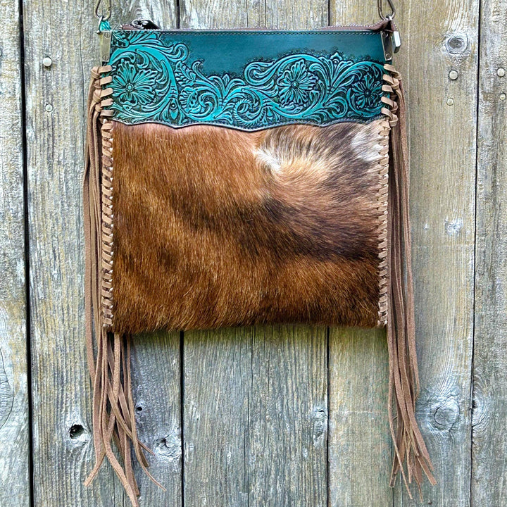 Western Fringe Crossbody Purse, Western Tooled Leather Cowhide Clutch, Crossbody Messenger Fringe Bag, *Shoulder Strap Included* Handmade