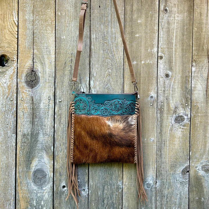 Western Fringe Crossbody Purse, Western Tooled Leather Cowhide Clutch, Crossbody Messenger Fringe Bag, *Shoulder Strap Included* Handmade