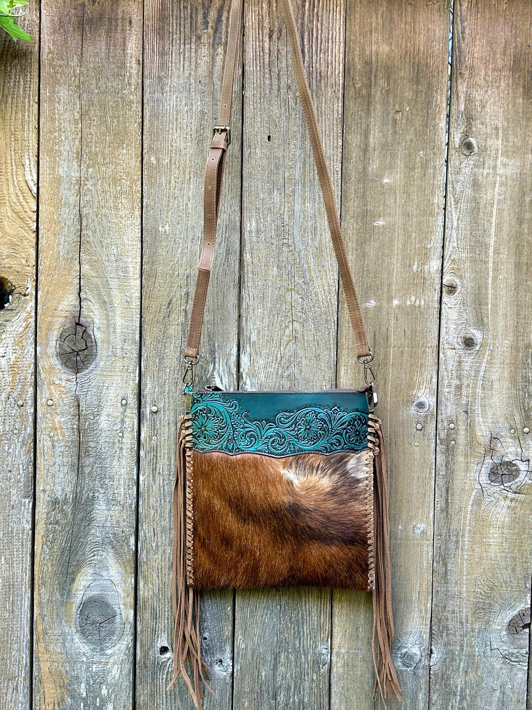 Western Fringe Crossbody Purse, Western Tooled Leather Cowhide Clutch, Crossbody Messenger Fringe Bag, *Shoulder Strap Included* Handmade