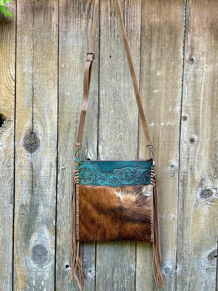 Western Fringe Crossbody Purse, Western Tooled Leather Cowhide Clutch, Crossbody Messenger Fringe Bag, *Shoulder Strap Included* Handmade
