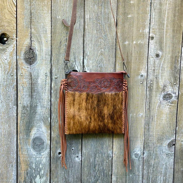 Hand Tooled Leather Cowhide Fringe Crossbody Bag: Western Style