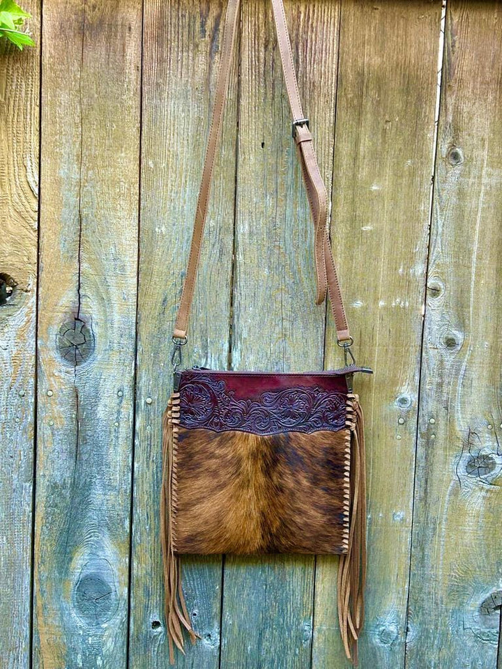 Western Fringe Crossbody Purse,Tooled Leather Cowhide Clutch, Crossbody Messenger Bag, Fringe Bag, *Shoulder Strap Included* Handmade